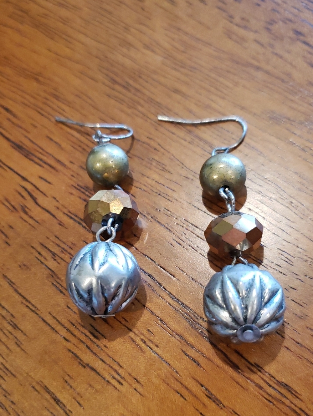 Metallic Silver & Bronze Drop Earrings Pierced